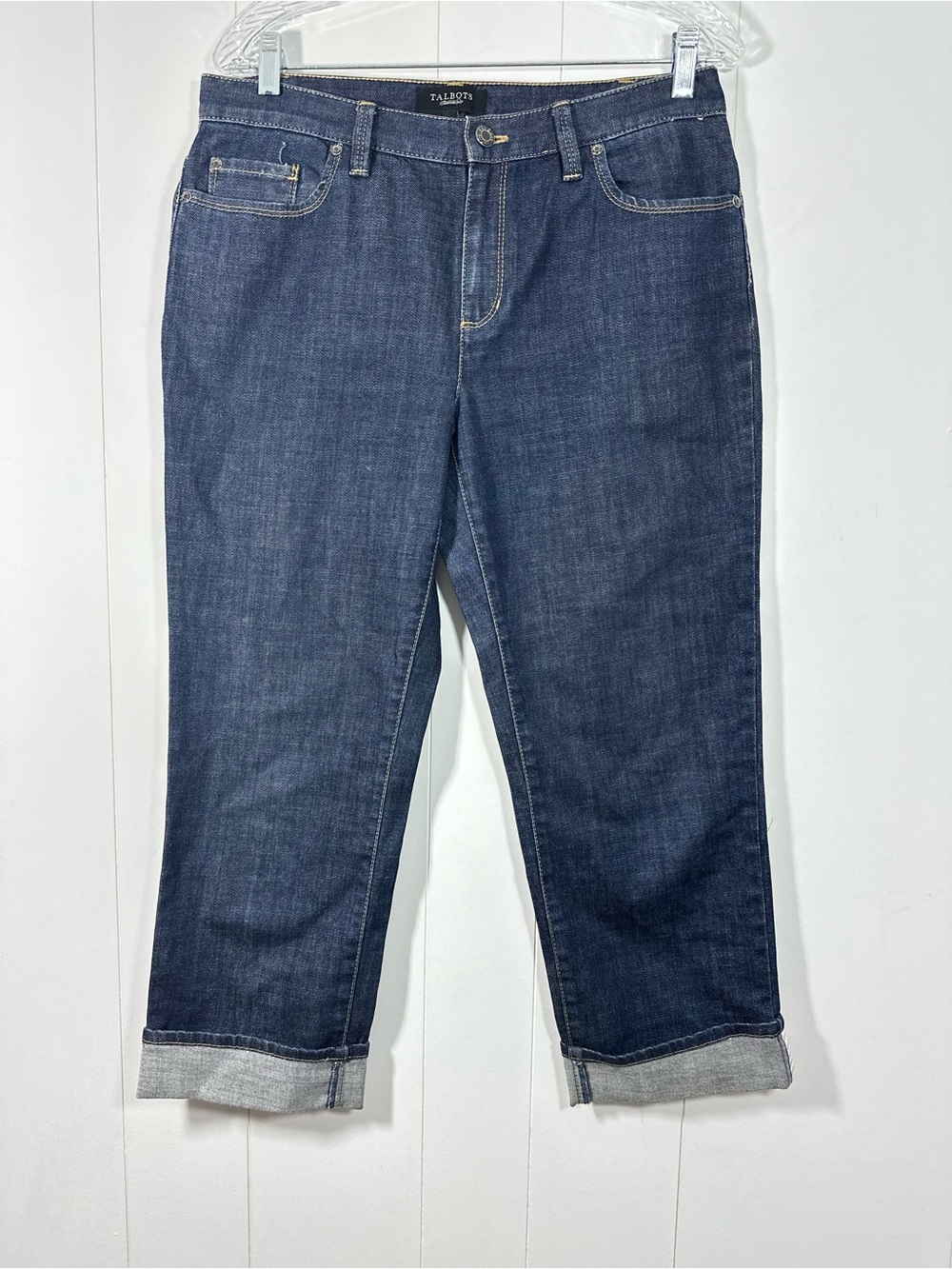 Talbots Sz 8 Womens Jeans Capri Cuffed Blue Denim Flap Pocket Mid Rise Dark Wash